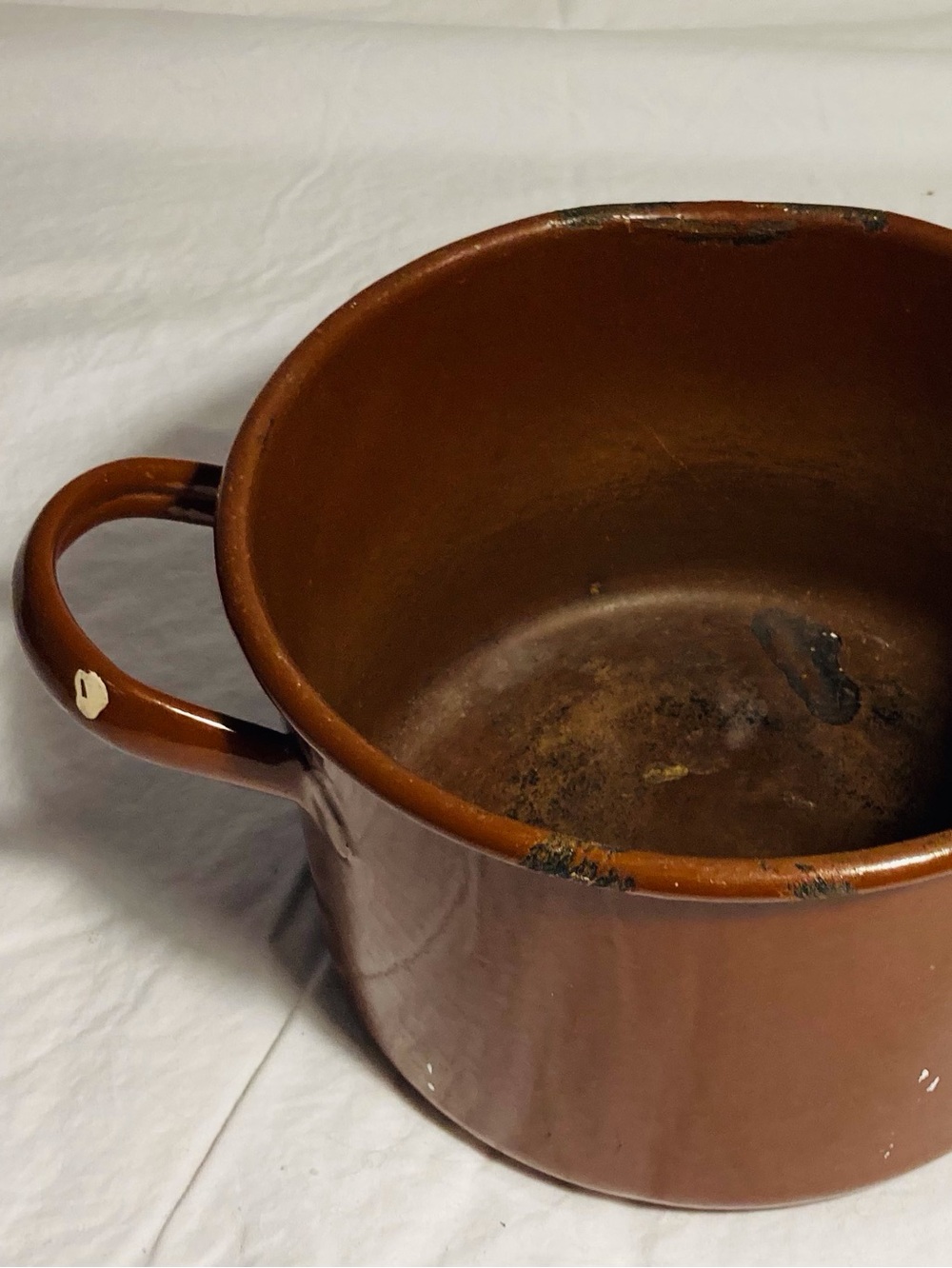 Vintage large enamelware pot in chocolate brown two handles artist paint studio